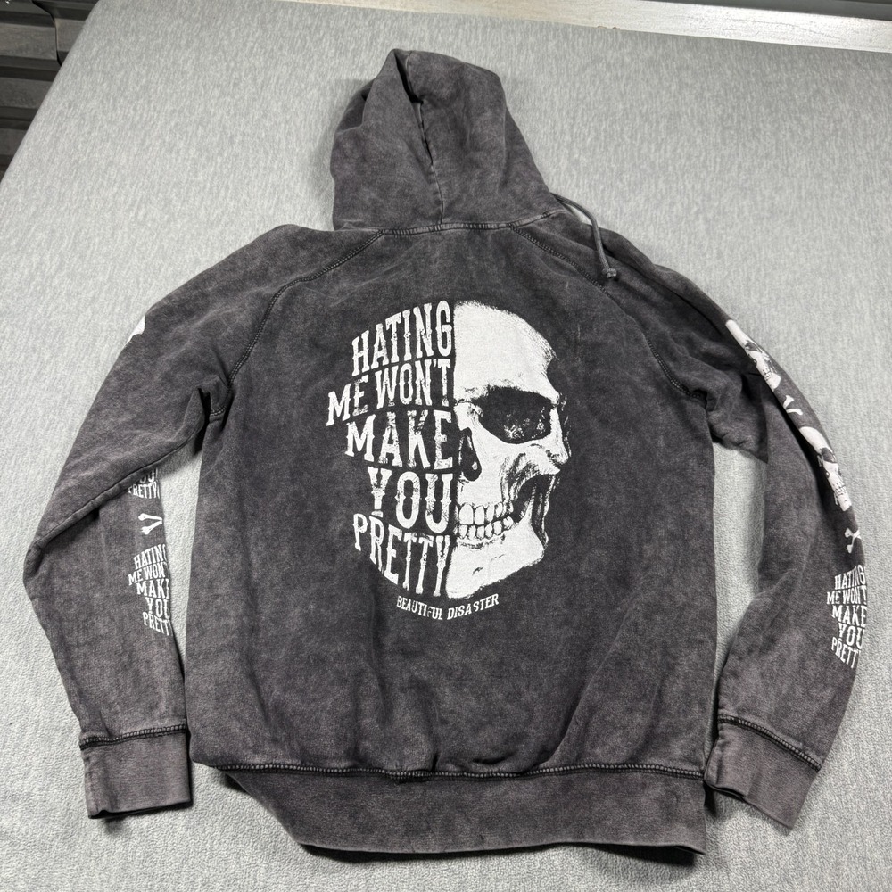 Beautiful Disaster Hoodie Women L Gray Wash Skull Graphic Pullover Streetwear